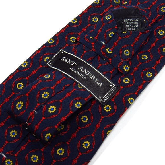 SANT' ANDREA Men's Printed Silk Tie Rosettes Floral Pattern Made in Italy Navy - Picture 5 of 6